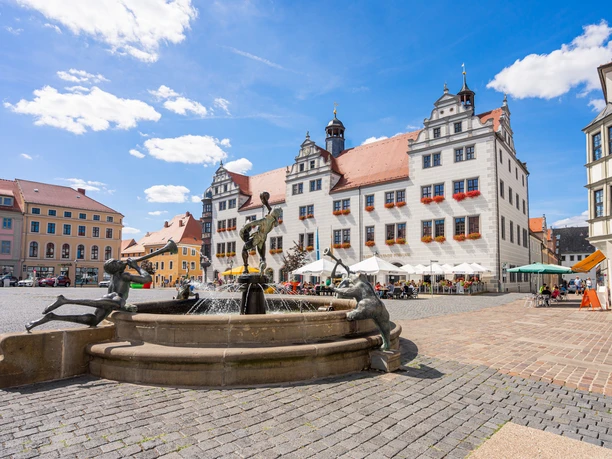 Torgau Markt Brunnen auf dem Marktplatz von Torgau vor historischen Gebäuden bei blauem Himmel.