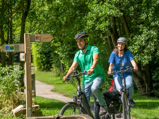 Radfahrer auf einem grünen Weg neben einem Wegweiser im Wald bei sonnigem Wetter.Fietser op een groen pad naast een wegwijzer in het bos bij zonnig weer.Cyclist on a green path next to a signpost in the forest in sunny weather.