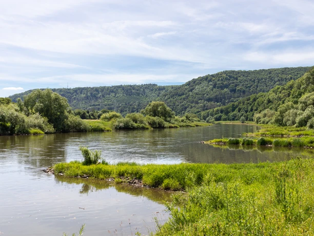 Beverungen-Bootshaus-Teutoburger-Wald-Tourismus-A-Röser-065-CC-BY-SA.jpg <alt>Ruhige Flusslandschaft mit grünen Ufern und bewaldeten Hügeln unter blauem Himmel.</alt>