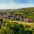 Ein Panoramablick auf ein idyllisches Dorf umgeben von grünen Hügeln und dicht bewaldeter Landschaft.