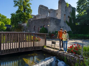 <p>Ein Paar steht vor einer Burgruine aus Stein, dahinter fließt ein kleiner Wasserfall.</p>