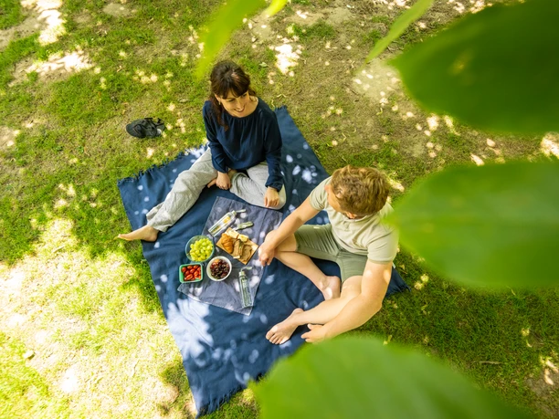 Ein Paar sitzt auf einer blauen Decke im Grünen und genießt ein Picknick mit Wein und Snacks.