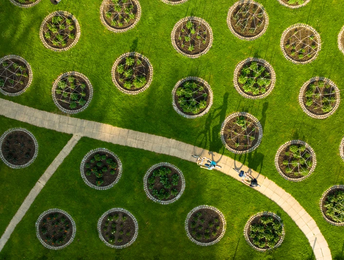 Kreisförmige Blumenbeete auf grüner Wiese, durchzogen von einem geschwungenen Weg aus Stein.