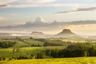 Blick vom Adamsberg zum Lilienstein Weite grüne Landschaft mit sanften Hügeln, einem geschwungenen Weg und zwei markanten Tafelbergen im Hintergrund unter einem bewölkten Himmel.
