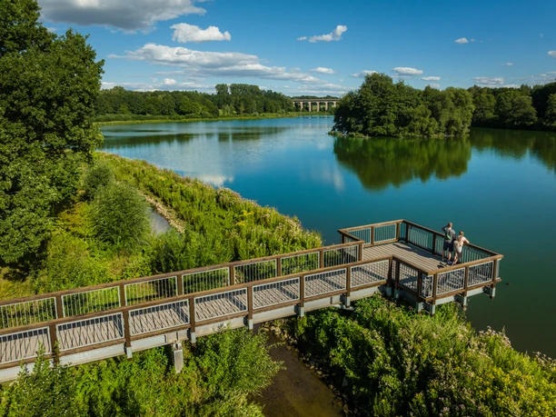 Bielefeld-Obersee-Teutoburger-Wald-Tourismus-D-Ketz-065.jpg Ein hölzerner Steg führt über üppiges Grün zu einem Aussichtspunkt über einem ruhigen See.