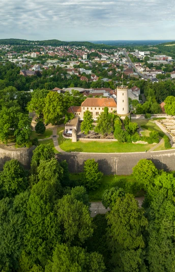 Burgruine auf bewaldetem Hügel, umgeben von Stadt und grüner Hügellandschaft.