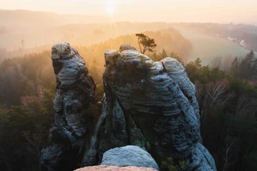 Winter morning on the Gamrig Rock formations at sunrise, surrounded by forest, with a solitary tree on a rock; the atmosphere is calm and mystical.