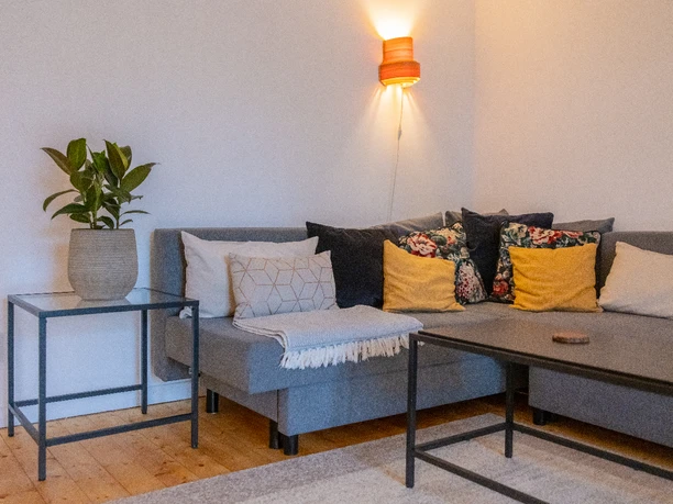 Waldferienwohung_Wohnzimmer_Katharina_Hein.jpg Gemütliches Wohnzimmer mit grauem Sofa, farbigen Kissen, Wandleuchte, Couchtisch und Topfpflanze.