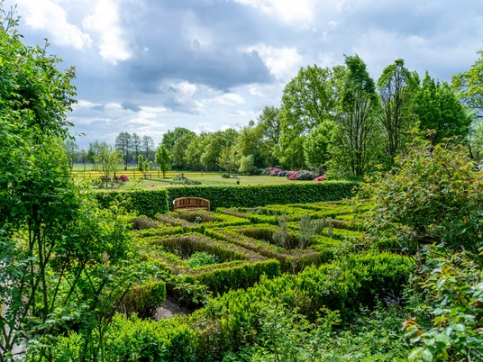 Garten_Privatgarten_Kneipp_Gertje-17.jpg Ein wunderschöner Garten mit grünen Hecken, einer Bank und blühenden Sträuchern.