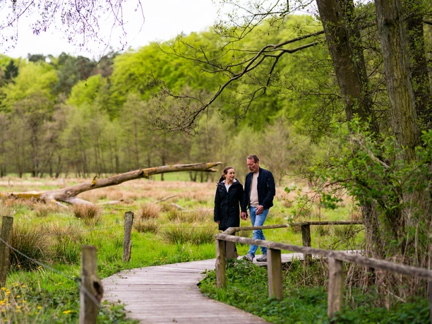 Wandern im Hellbachtal Ein Mann und eine Frau gehen Hand in Hand auf einem Holzsteg durch eine grüne Landschaft im Hellbachtal.