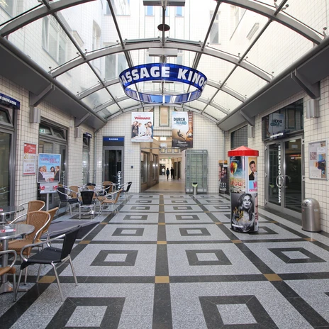 Entrance to the Passage Cinema in the Jägerhof Passage in Leipzig, cinema café