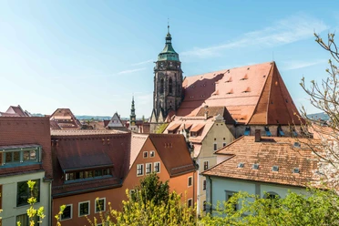 Blick zur Marienkirche Blick auf eine historische Stadt mit roten Ziegeldächern und einem großen Kirchturm unter klarem, blauem Himmel.