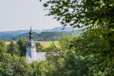 Kirche Reinhardtsdorf A church with a black onion dome rises out of the dense greenery, with rolling hills under a clear sky in the background.