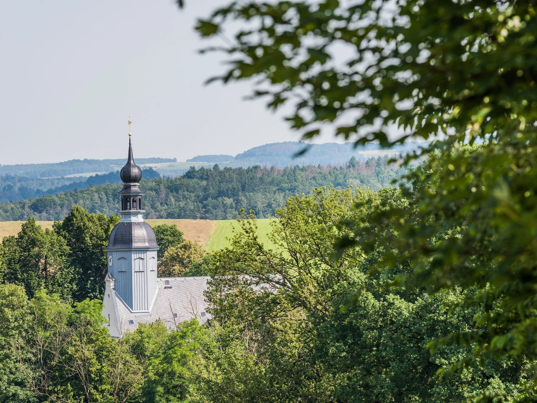 Kirche Reinhardtsdorf Eine Kirche mit einem schwarzen Zwiebelturm ragt aus dichtem Grün hervor, im Hintergrund sanfte Hügel unter klarem Himmel.