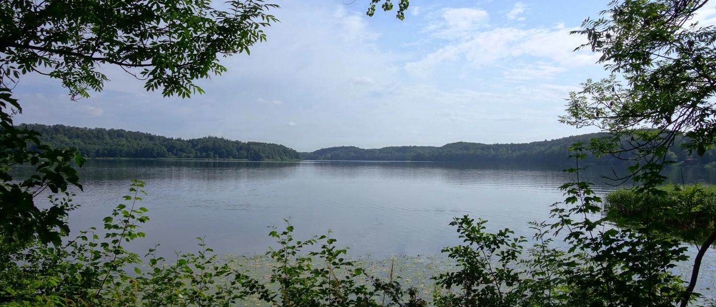 Küchensee Ratzeburg Ein Blick über den Küchensee bei Ratzeburg. Rundherum ist eine hügelige Waldlandschaft zu sehen.