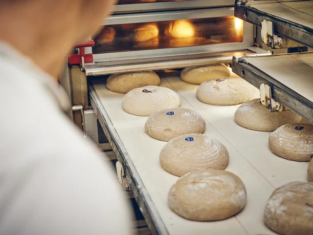 Backstube Krätz Frische Brotteige in der Bäckerei Krätz auf einem Blech im Ofen.