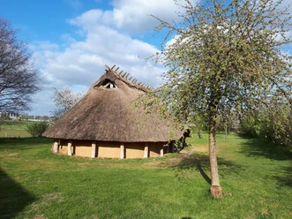 Gereconstrueerd langhuis uit de steentijd op een groene weide, omringd door bomen.