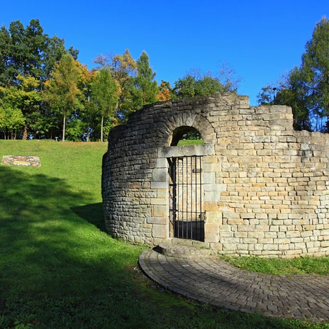 Ruins of Groitzsch Castle in the shade in spring-like weather