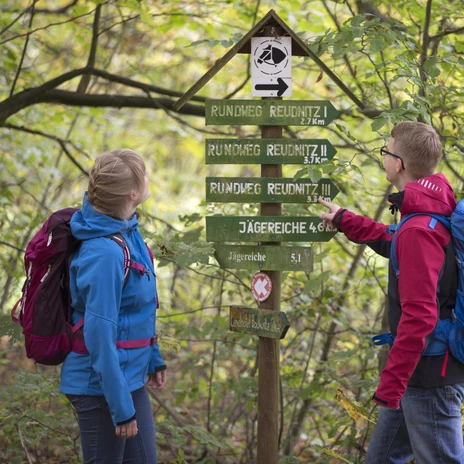 Wegweiser im Wald der Dahlener Heide - Ausflüge für Paare in der Leipziger Region