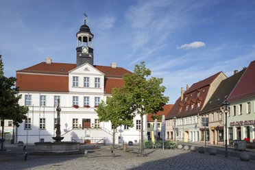 Rathaus auf dem Marktplatz in Bad Düben - Architektur in der Region Leipzig Stadhuis op het marktplein in Bad Düben in het zonlicht