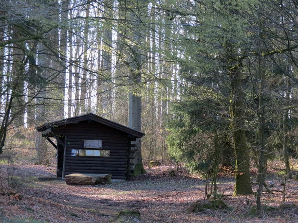 Herlingsburg, GN.JPG Eine Holzhütte steht umgeben von hohen, lichten Bäumen im Wald, mit einem Baumstamm als Sitzplatz.