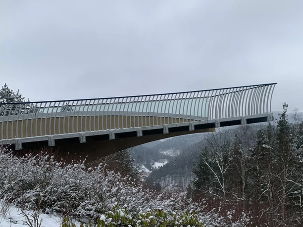 Moderne brug met gebogen leuningen over een besneeuwd landschap, omringd door kale bomen en een bewolkte lucht.