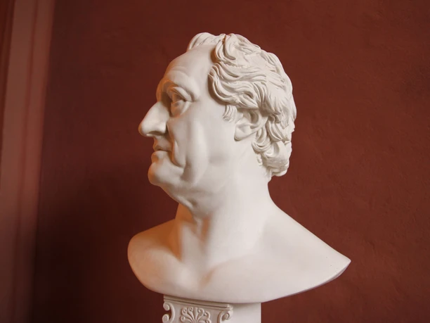 White marble bust of a man in profile in front of a red wall, with detailed facial expression and wavy hair.