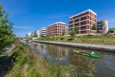 Lindenau harbor with two canoeists, water, nature, architecture