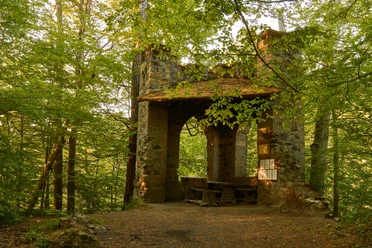 Goßdorf Robbery Castle Stone ruins surrounded by green trees, with a wooden table and benches underneath. The atmosphere is quiet and idyllic.