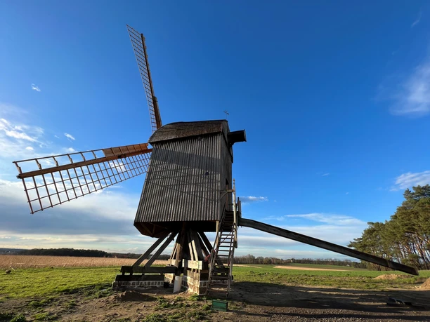 Mühle Neuenknick Historische Windmühle Neuenknick auf einem offenen Feld unter blauem Himmel, umgeben von grüner Natur.