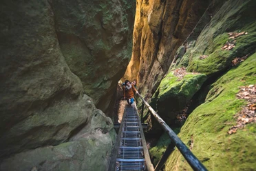 Wolfsschlucht am Hockstein Zwei Personen steigen eine Metalltreppe in einer engen, moosbewachsenen Felsenschlucht namens Wolfsschlucht hinauf. Die Stimmung ist abenteuerlich.