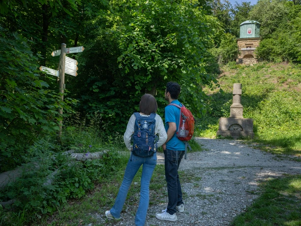 Halle-HagedornDenkmal-Teutoburger-Wald-Tourismus-Patrick-Gawandtka-088_lowres.jpg Wanderer betrachten Wegweiser vor dem Hagedorn-Denkmal im Teutoburger Wald, umgeben von üppigem Grün.