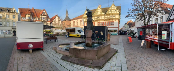 Marktplatz mit Brunnen, umgeben von historischen Fachwerkhäusern und Marktständen bei sonnigem Wetter.