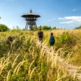 Zwei Wanderer gehen auf einem schmalen Weg durch hohes Gras, im Hintergrund ein hölzerner Aussichtsturm.