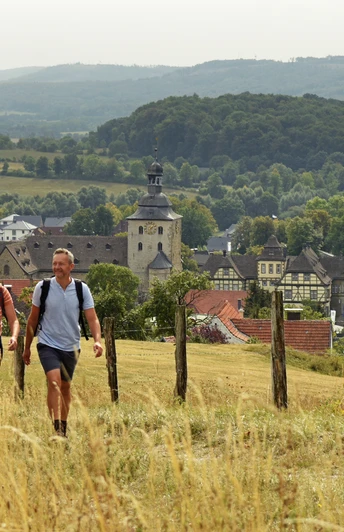 Bad-Driburg-Neuenheerse-Teutoburger-Wald-Tourismus-F-Grawe (14).JPG Zwei Wanderer auf einem Feldweg mit Blick auf Neuenheerse und die waldige Hügellandschaft.