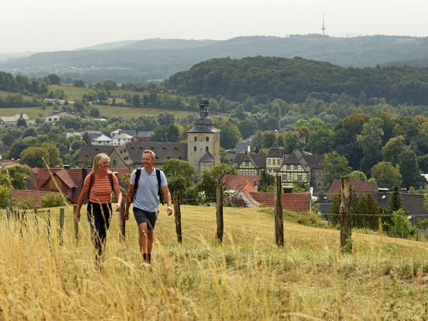 Bad-Driburg-Neuenheerse-Teutoburger-Wald-Tourismus-F-Grawe (14).JPG Zwei Wanderer auf einem Feldweg mit Blick auf Neuenheerse und die waldige Hügellandschaft.