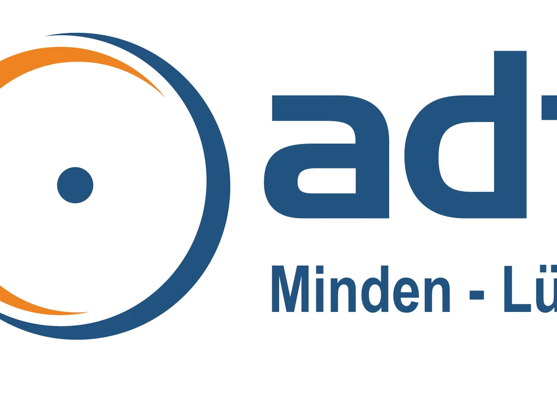 Logo ADFC Minden-Lübbecke ADFC-Logo Minden-Lübbecke mit stilisiertem, orangem und blauem Fahrrad-Rad und Schriftzug.