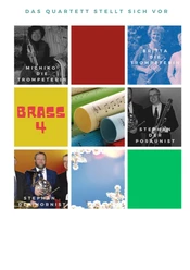 Brass4 Vier Personen mit Instrumenten in einem Quartett namens Brass4, Farbflächen und Notenblätter.