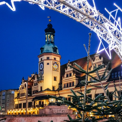 Stará radnice na náměstí v zimě, vánoční trh, modrá obloha, hvězdný oblouk, světla
