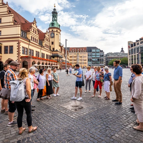 Gruppenführung am Leipziger Marktplatz vor dem Alten Rathaus - Stadtführung zur Geschichte Leipzigs