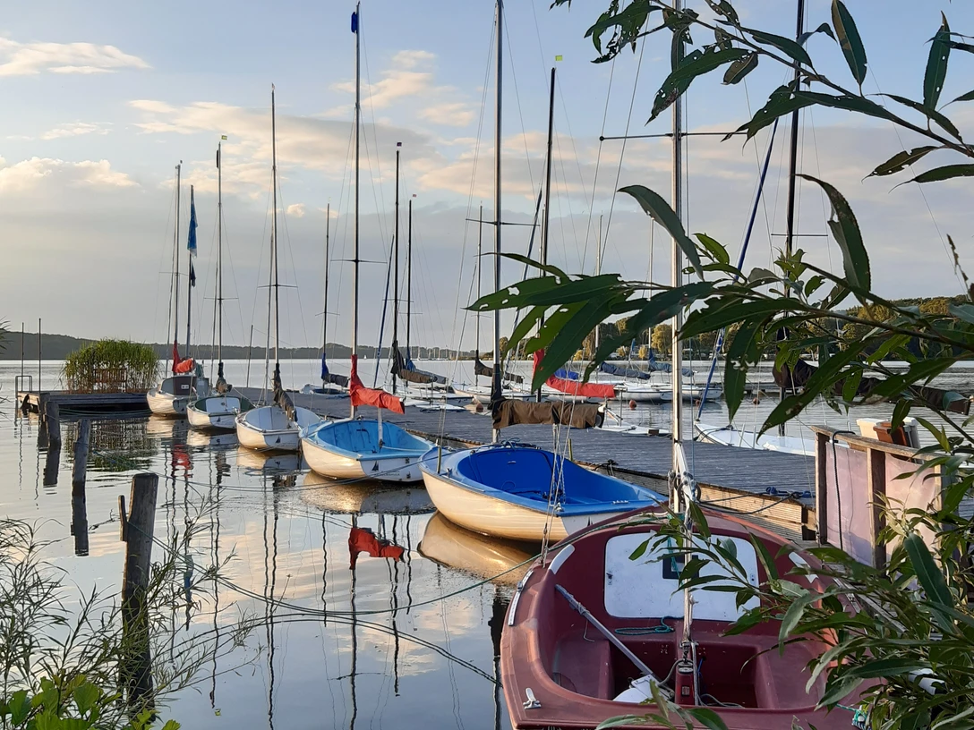 Blick von der Segelschule.jpg Blick von der Segelschule auf den See mit mehreren Segelbooten