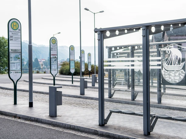 Bus stop in Bad Schandau with several bus stop signs and a covered waiting area; quiet atmosphere.
