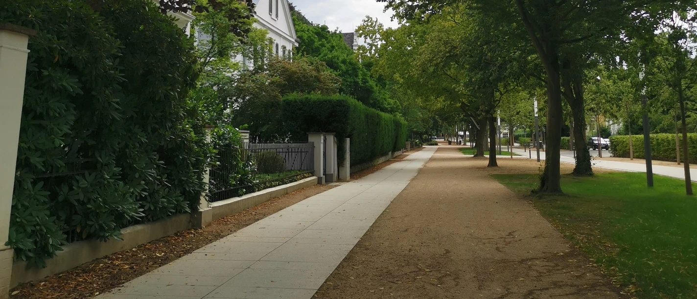 ©Mechthild Klein.jpg Ein ruhiger Gehweg, flankiert von Bäumen und Grün, neben einer gepflegten Wohnanlage.
