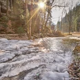 Flößersteig im Kirnitzschtal Verschneiter Bach in einem Wald bei Sonnenaufgang, mit Sonnenstrahlen durch die Bäume und einem kleinen Gebäude im Hintergrund.Snowy stream in a forest at sunrise, with sunbeams through the trees and a small building in the background.Zasněžený potok v lese při východu slunce, sluneční paprsky pronikající skrz stromy a malá budova v pozadí.Ośnieżony strumień w lesie o wschodzie słońca, z promieniami słońca przebijającymi się przez drzewa i małym budynkiem w tle.Besneeuwde beek in een bos bij zonsopgang, met zonnestralen door de bomen en een klein gebouw op de achtergrond.Ruscello innevato in una foresta all'alba, con raggi di sole attraverso gli alberi e un piccolo edificio sullo sfondo.