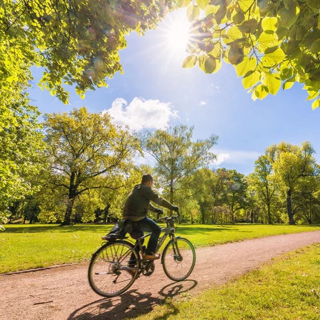 Fahrradfahrer fährt durch den Friedenspark - präsentiert vom Leipzig Convention BureauCyclist rides through Friedenspark - presented by Leipzig Convention Bureau