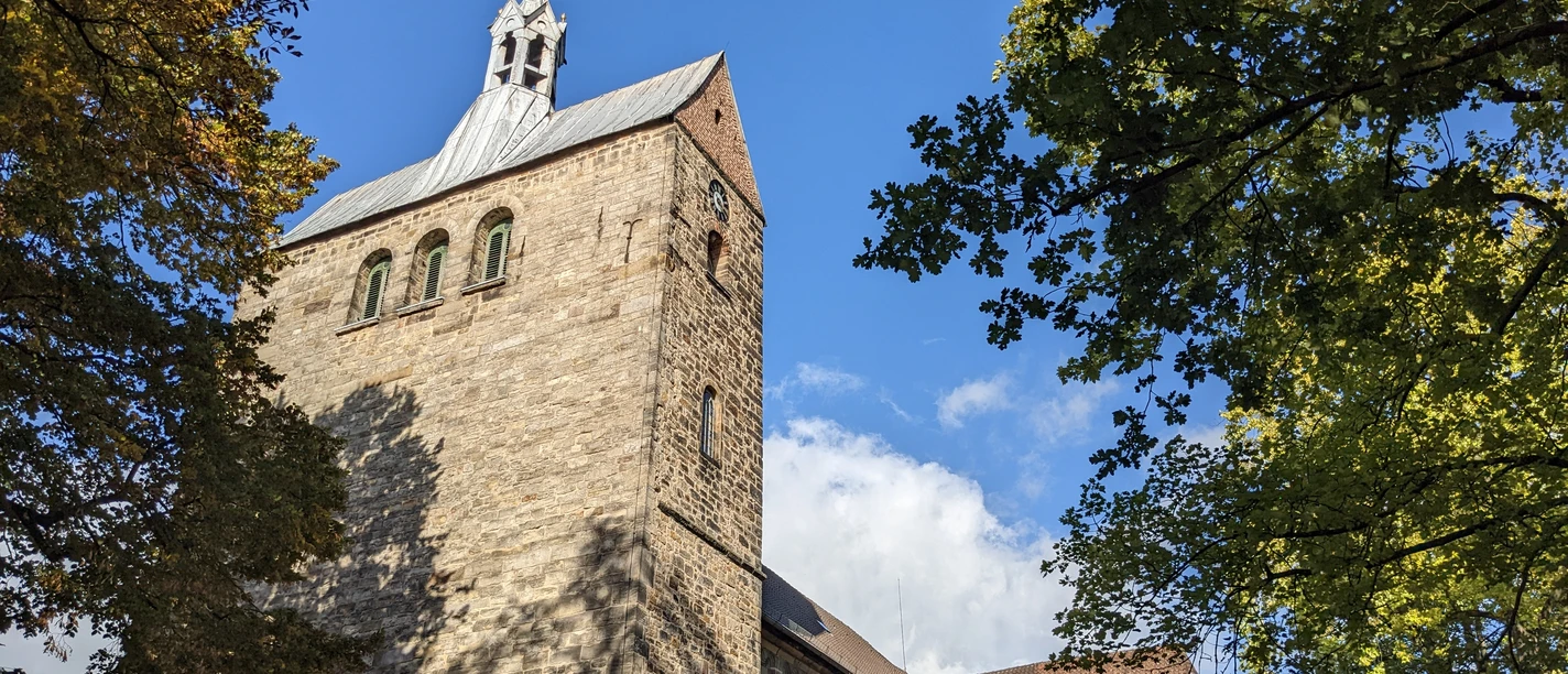 Stiftskirche Stiftskirche mit markantem Turm und gotischen Fenstern, umgeben von grünem Laub unter blauem Himmel.