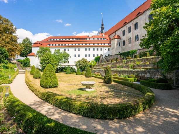 Castle garden of Hartenfels Castle in Torgau in the Leipzig region with sidewalk, bushes and stairs in the sunlight, nature, bushes, trees, blue sky