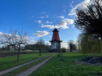 Windmühle in Diepenau-Lavelsloh mit rotem Turm und umliegendem Grün vor blauem Himmel mit Wolken.