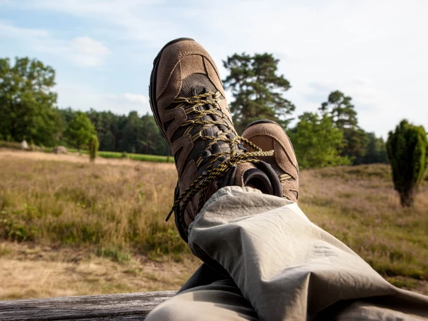 Wandern Wanderschuhe ruhen auf einer Holzbank vor einer weiten Heidelandschaft mit Bäumen.