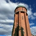 Wasserturm Backstein-Wasserturm mit bewachsendem Efeu vor dramatischem Wolkenhimmel in norddeutscher Landschaft.